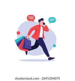 A man is running while holding shopping bags and talking on the phone.