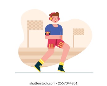 Man running while listening to music on headphones, enjoying a healthy hobby. Character design. Vector flat illustration