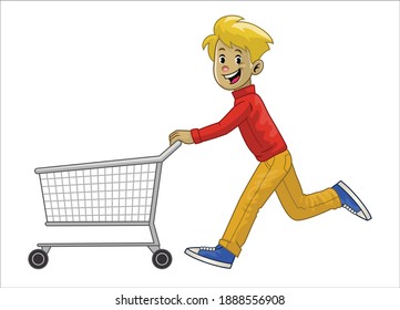 man running while pushing his shopping cart