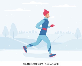 Man running in winter park, jogging outside in cold weather, physical activity outdoors in freezing cold, vector illustration in flat style