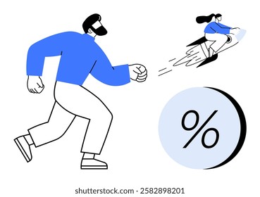 Man running and woman on rocket heading toward large percentage symbol. Ideal for financial growth, investment, success, business goals, economic progress, achievement, motivation. Line metaphor