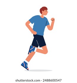 Mann rennt. Junger Läufer trainiert. Joggertraining Ausdauer, Cardio Sport Workout. Aktive Person Joggen in Kapuzenpullover und Trainer. Flache Vektorillustration isoliert auf weißem Hintergrund.