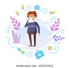 Man with runny nose, flu, cold Vector. Cartoon. Isolated art on white background. Flat