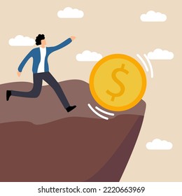 a man runs after money that falls from the mountain