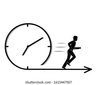 Man Runs Against The Background Of The Clock. Concept Of Fast Passing Time. Quick Decision Making In Business. Vector Illustration.