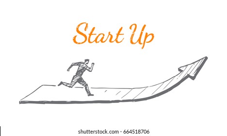 A man runs along the arrow. The arrow points up. Vector business concept illustration. Flat hand drawn sketch. Lettering start up.