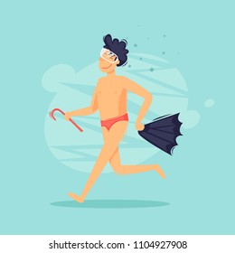 Man runs along the beach with fins and a mask, diving, swimming. Flat design vector illustration.