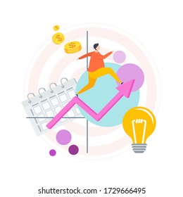 Man runs up the ascending arrow of success to the goal. Strategic planning. Business plan. Management and goal setting. Achieving success. Trendy flat vector style.