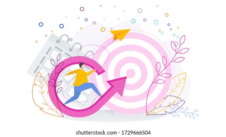 Man runs up the ascending arrow of success to the goal. Trendy flat vector style.