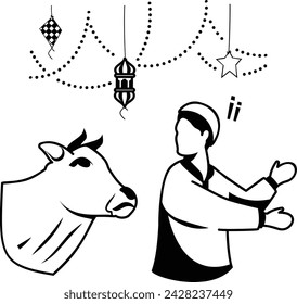 man runs away from an angry bull vector design, Eid al-Azha Eid ul Kabir Symbol Hajj Sign, Muslims religious Festival Stock illustration, naughty boy engage in running while cow is chasing him concept