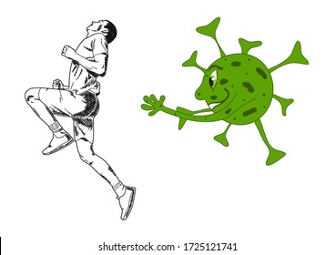 Man runs away from a cartoon virus. Vector illustration