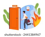 Man runs away from fire. Young guy with briefcase go to exit from flame. Accident and disaster in office, emergency situation. Cartoon flat vector illustration isolated on white background