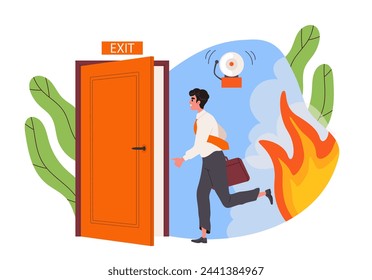 Man runs away from fire. Young guy with briefcase go to exit from flame. Accident and disaster in office, emergency situation. Cartoon flat vector illustration isolated on white background