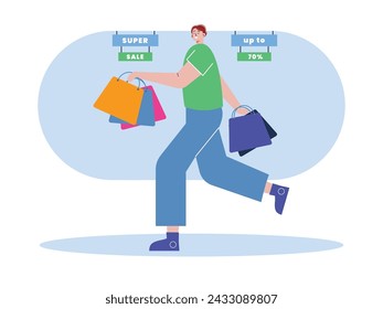 A man runs away with a lot of groceries after buying items because of a super sale. Character design. Vector flat illustration