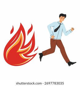 El hombre huye de la llama Grande. Evacuación en caso de incendio. Medidas de seguridad de la oficina. Ilustración vectorial en un estilo plano.