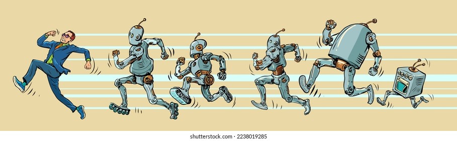 The man runs away from the robots. Scientific development, labor market. Fear of technological evolution. Pop Art Retro Vector Illustration Kitsch Vintage 50s 60s Style