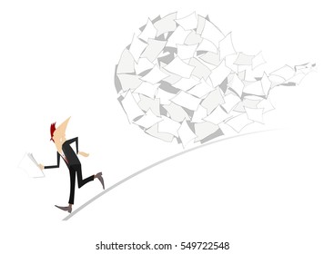 Man runs away from the rolling big ball of papers  