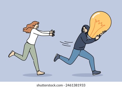 Man runs away with stolen idea and holds light bulb, trying to hide from woman accuses robber of plagiarism. Concept of problem of copyright infringement and plagiarism or theft of innovative ideas