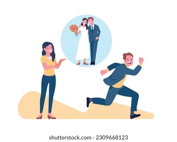 Man runs away from woman who has offered to marry him. Rejection of engagement. Bride or groom conflict. Couple love relationship. Afraid boyfriend escaping from wedding