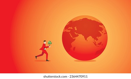 A man runs and brings a tree to the red and hot earth. Environmental concern, plant a tree, Net zero carbon footprint emission, Sustainability, Global heating, Climate emergency, and crisis concept.