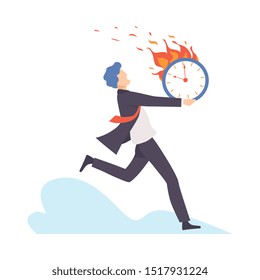 Man runs with a burning clock. Vector illustration.