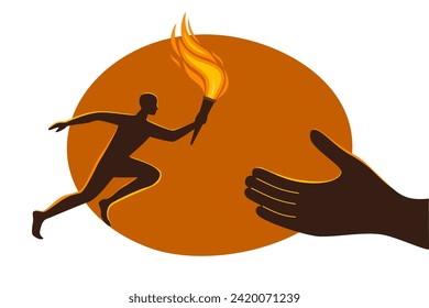 El hombre corre y lleva una antorcha quemante en su mano. Símbolo de carrera de relevos, victoria en la competencia, campeón o ganador. Ilustración vectorial.