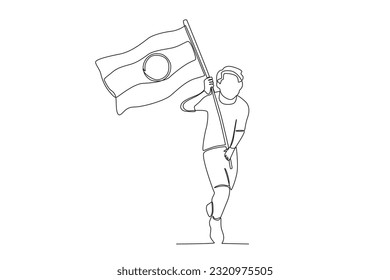 Un hombre corre llevando una bandera india. Dibujo de una línea del día de la independencia de la India