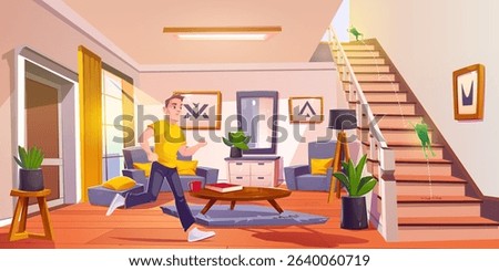 Man runs to catch jumping frog in living room - green creature leaps up wooden stairs while person chases. Cozy home interior with sofa and armchair, potted plants and coffee table, floor lamp.