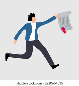 man runs with a certificate, gray background
