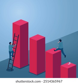 A man runs up a chart while another climbs a ladder, an illustration for competitive advantage. Creative way or innovative way to win, best strategy to gain success.