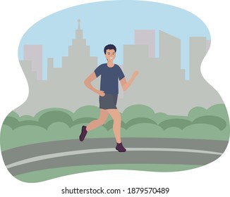 A man runs in the city. Sports training on the street. Runner in motion. Marathon and long run outside. running and every day fitness in all weathers. Man wearing comfortable athletic clothing for running