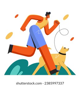 A man runs with a dog. The guy does sports and trains a purebred puppy. Health and nature