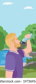 Man runs and drinks water vector illustration
