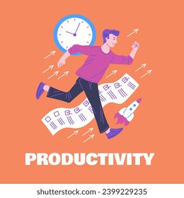 Man runs fast like a rocket to get everything done in checklist. Vector productivity poster. Efficiency time management and workflow. Business achievement, success strategy moving up the career ladder