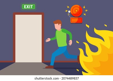 a man runs from the fire to the evacuation door. escape the fire. flat vector illustration.