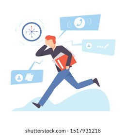 Man runs with a folder and clings to his head. Vector illustration.