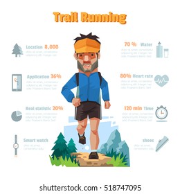 A man runs in the forest, Trail running, Info-graphic elements.