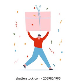 A man runs forward with a large gift in his hands. Confetti in the background. Flat vector illustration.