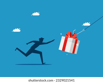 man runs to grab a gift box as bait. vector 