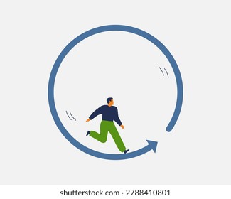 man runs inside a circle that repeats. Routine cycle and Career burnout. Concept of never ending issue, no solution. Vector illustration