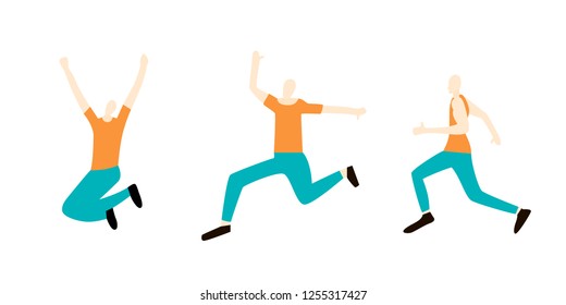 A man runs and jumps. Set in flat style. A man runs and jumps to the finish. Vector illustration.