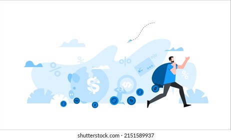 Man runs with leaky bag behind his back from which coins pouring out. Animation ready duik friendly vector. Conceptual business story. Financial crisis, economic recession, bankruptcy, depression.
