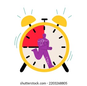 Man runs like squirrel in wheel, deadline and stressful task, time. Management  concept. Colorful vector illustration 
