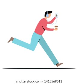 Man runs and listening a podcast. Coffee on the way. Hurrying people. Busy life concept