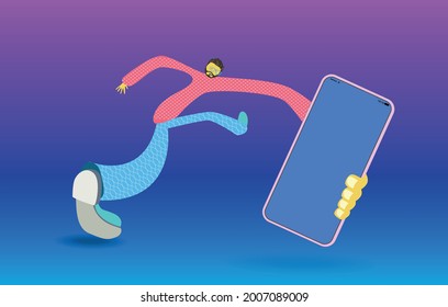 A man runs with a mobile phone in his hand. Vector banner
