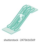 Man runs up an modern escalator. Vector illustration. Isometric outline object isolated on white background.