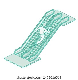 Man runs up an modern escalator. Vector illustration. Isometric outline object isolated on white background.