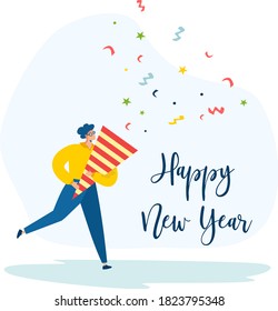 A man runs with a New Year's clapperboard. Happy new year greeting card. Merry Christmas. Flat vector illustration.