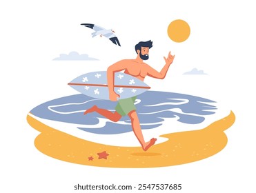 Um homem corre na praia carregando uma prancha de surf com uma gaivota ao fundo e o sol brilhando no céu. Ilustração vetorial