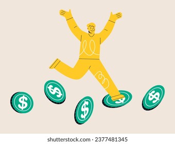 Man runs on big  dollar coin. Money and finance concept. Colorful vector illustration